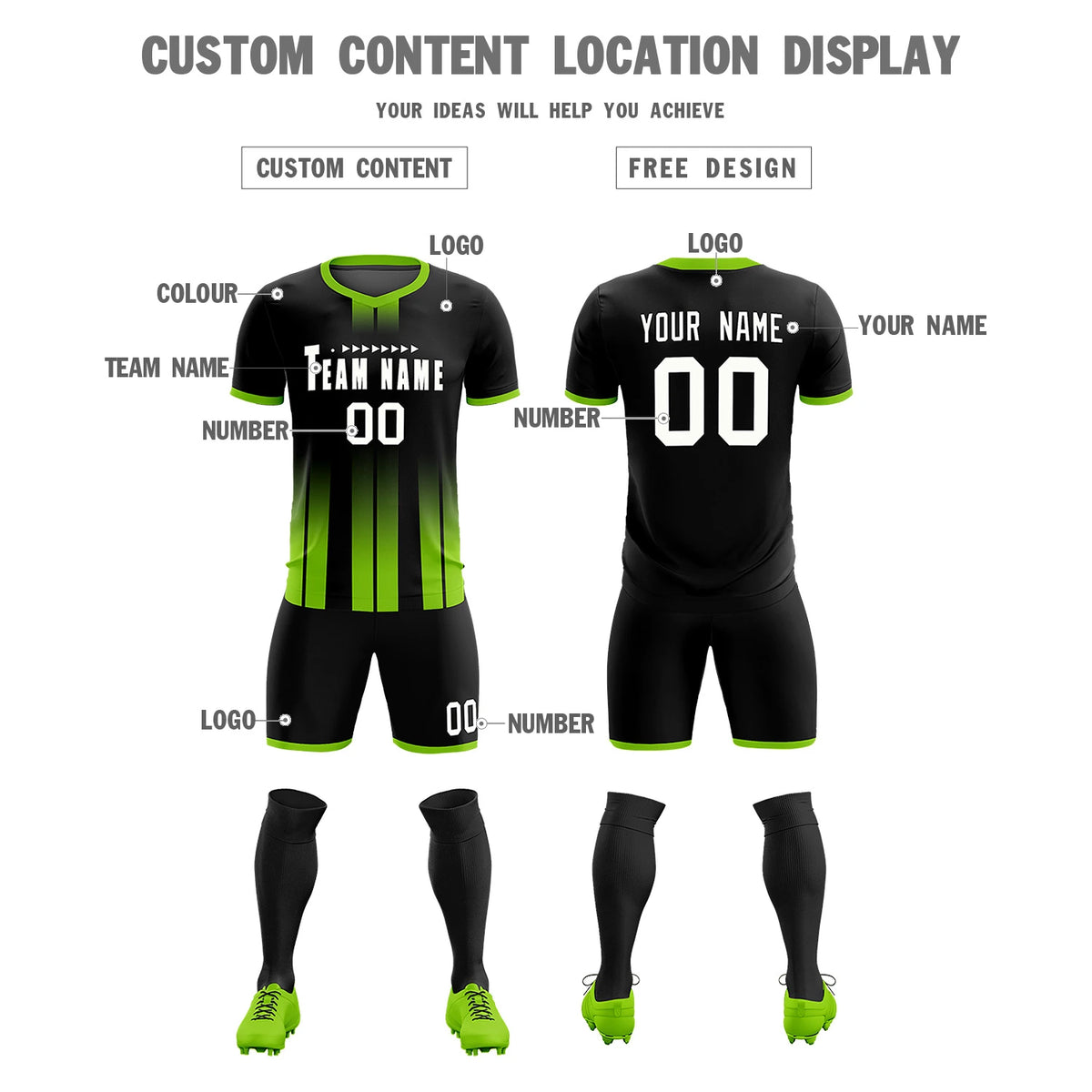 Custom Black Neon Green Vertical Training Uniform Soccer Sets Jersey