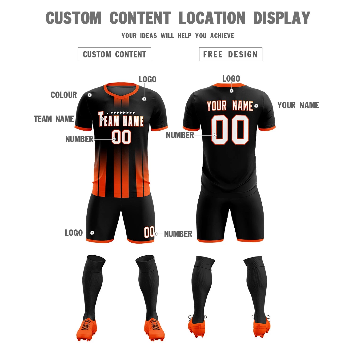 Custom Black Orange Vertical Training Uniform Soccer Sets Jersey