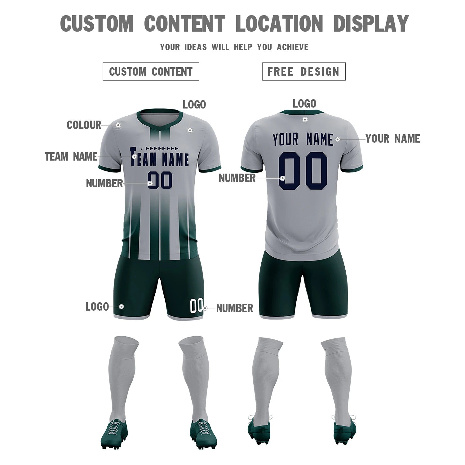 Custom Gray Midnight Green Vertical Training Uniform Soccer Sets Jersey