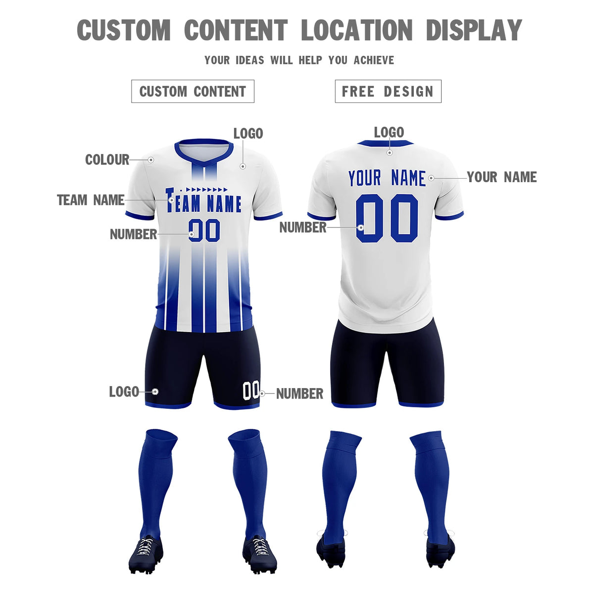 Custom White Royal Blue Vertical Training Uniform Soccer Sets Jersey