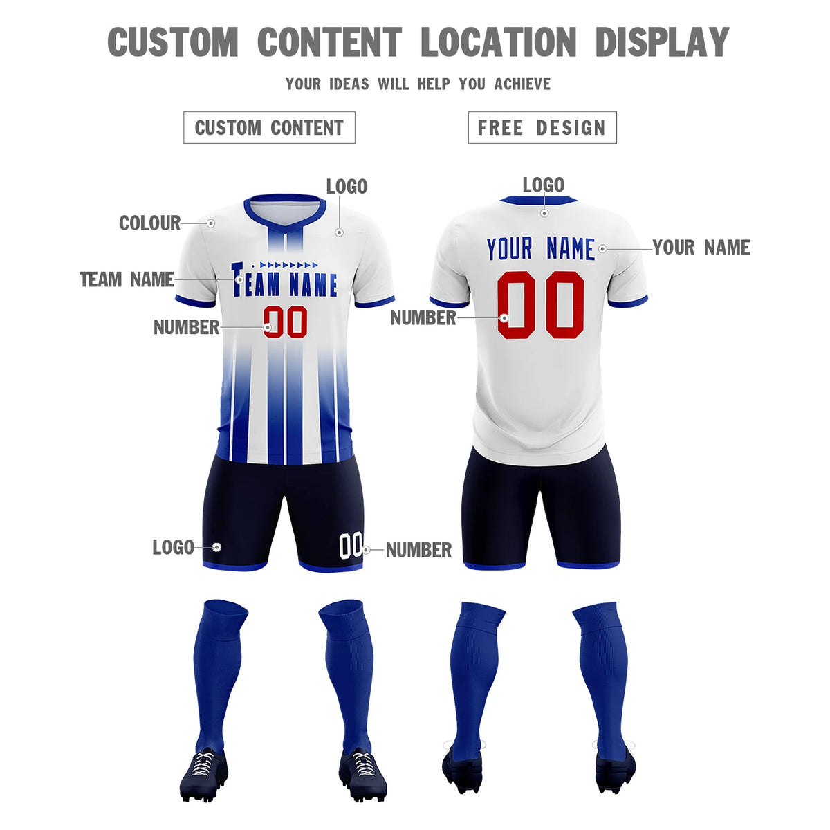 Custom White Royal Blue Vertical Training Uniform Soccer Sets Jersey