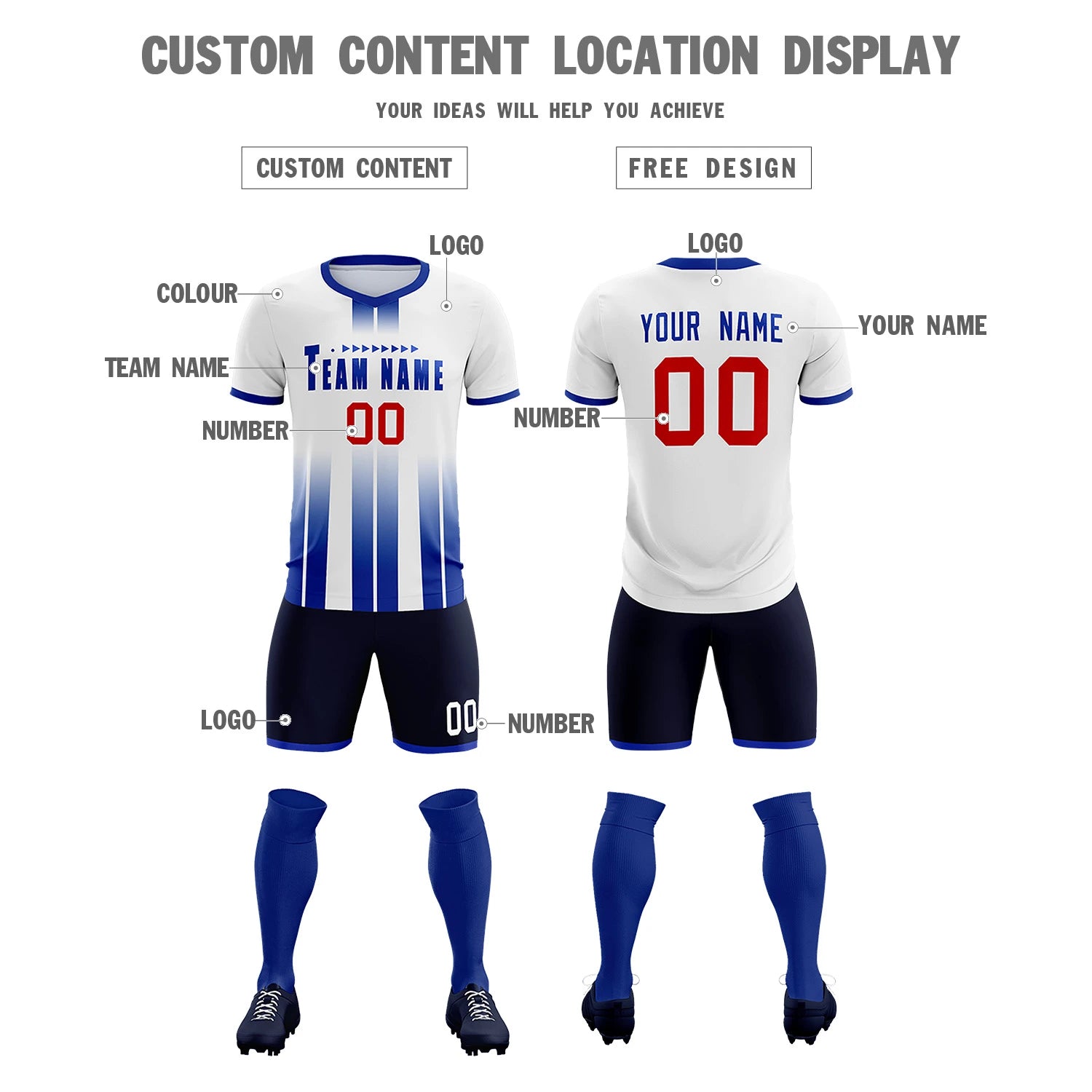 Custom White Royal Blue Vertical Training Uniform Soccer Sets Jersey
