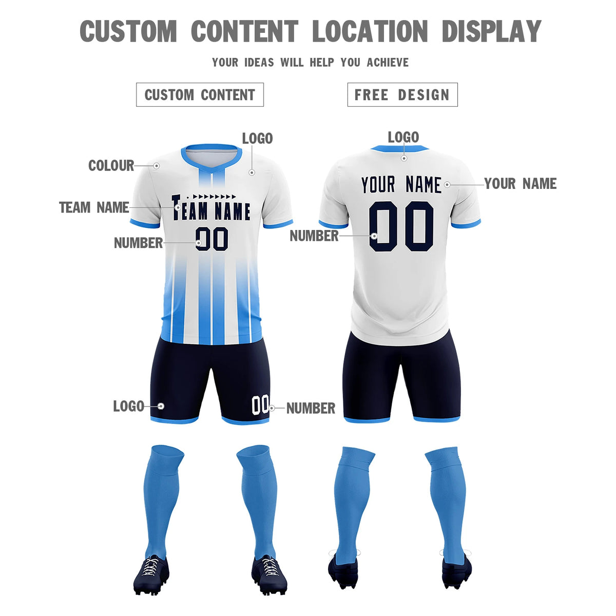 Custom White Powder Blue Vertical Training Uniform Soccer Sets Jersey