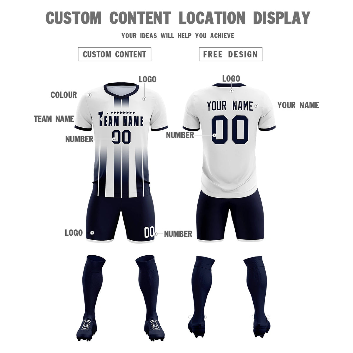 Custom White Navy Vertical Training Uniform Soccer Sets Jersey