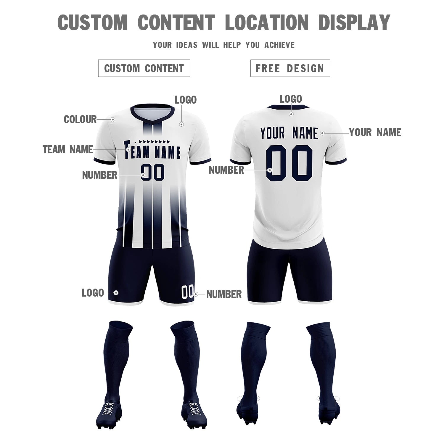 Custom White Navy Vertical Training Uniform Soccer Sets Jersey