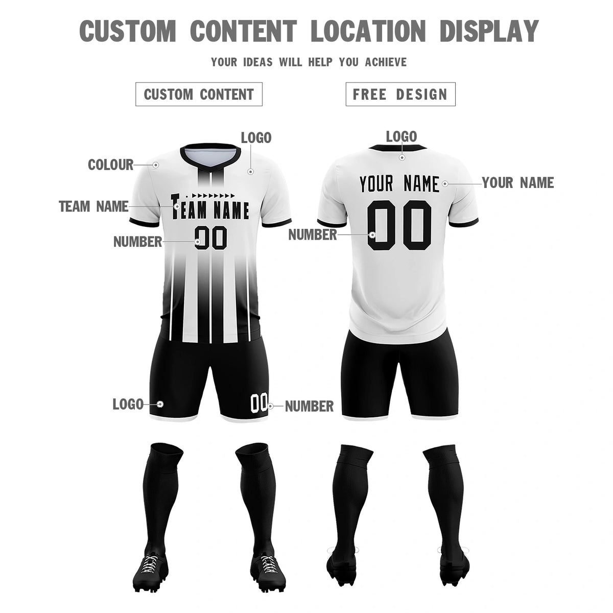 Custom White Black Vertical Training Uniform Soccer Sets Jersey