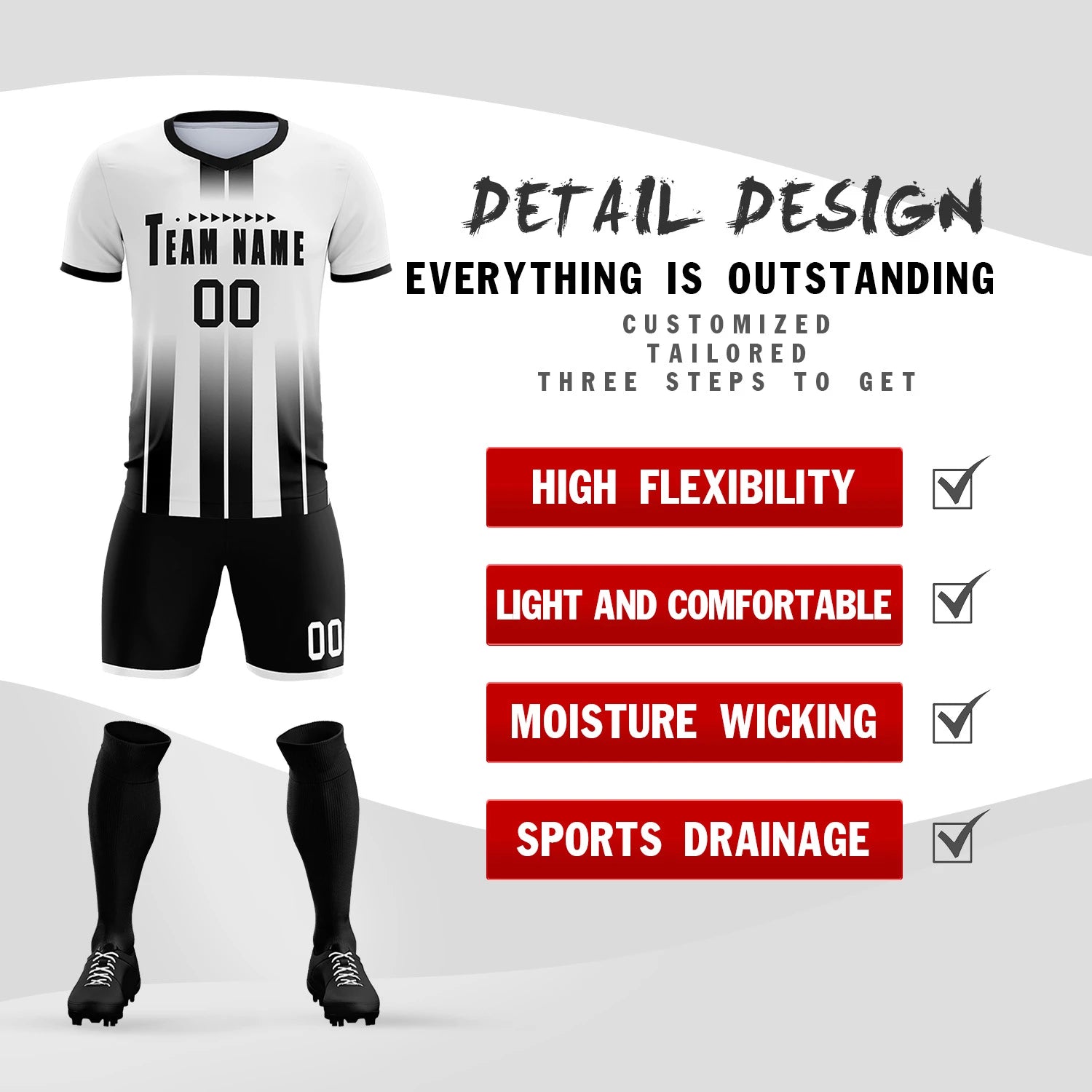 Custom White Black Vertical Training Uniform Soccer Sets Jersey