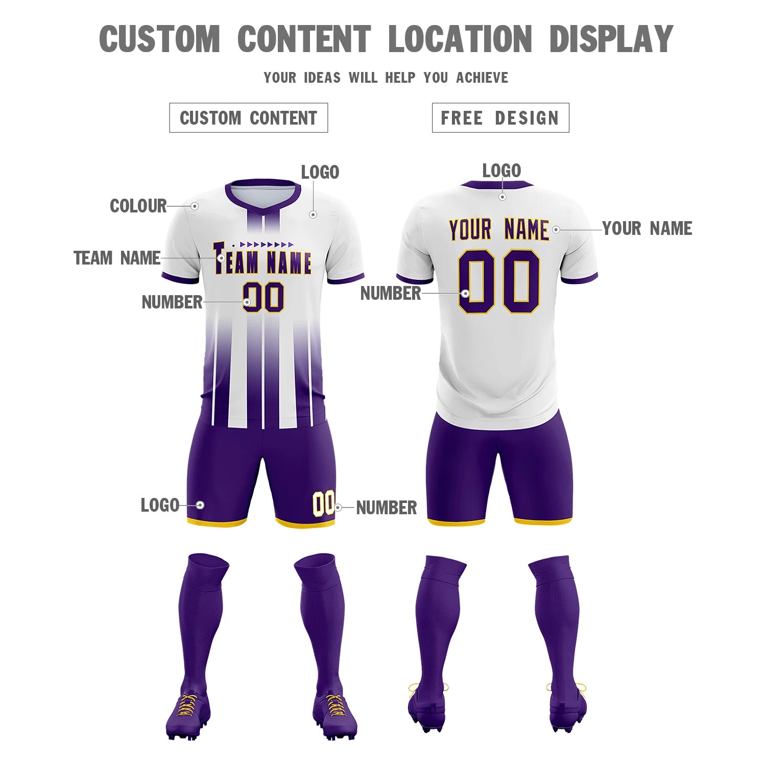 Custom White Purple Vertical Training Uniform Soccer Sets Jersey