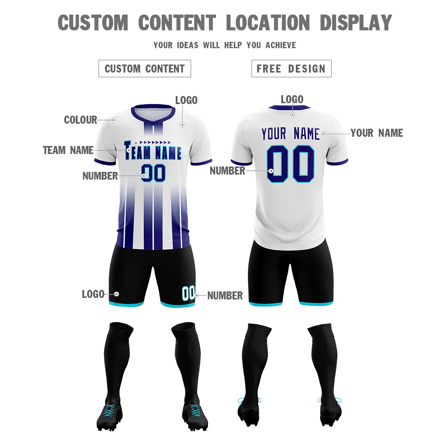 Custom White Purple Vertical Training Uniform Soccer Sets Jersey