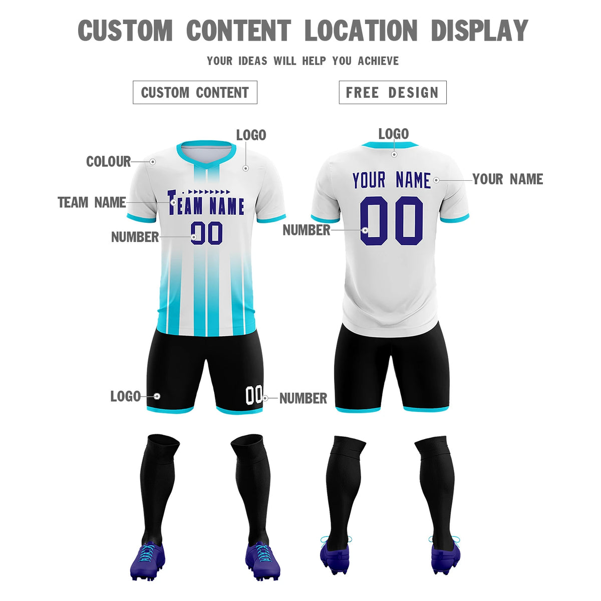 Custom White Sky Blue Vertical Training Uniform Soccer Sets Jersey