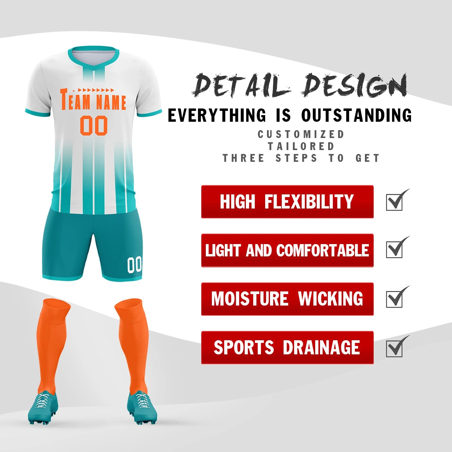 Custom White Bright Blue Vertical Training Uniform Soccer Sets Jersey