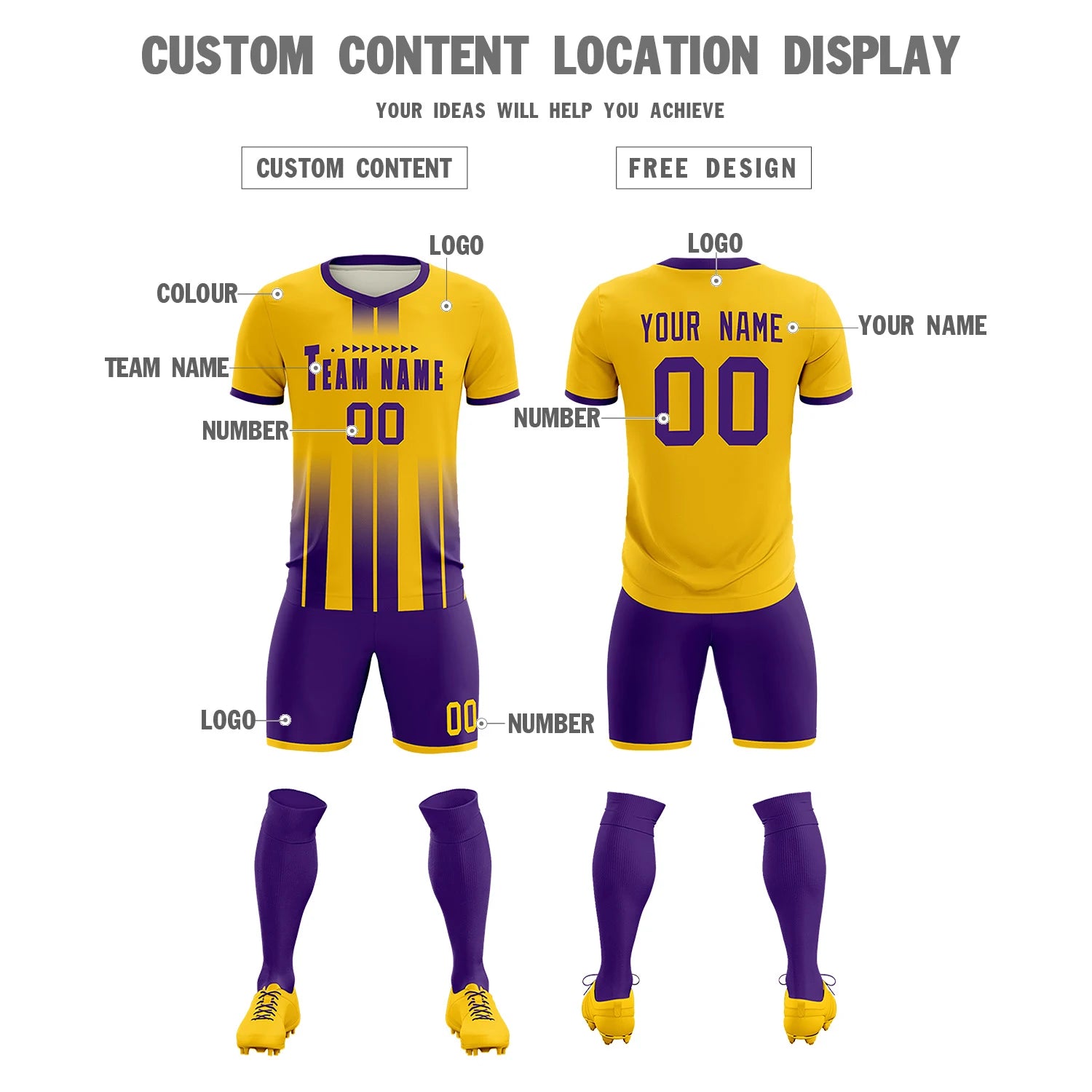 Custom Gold01 Purple Vertical Training Uniform Soccer Sets Jersey