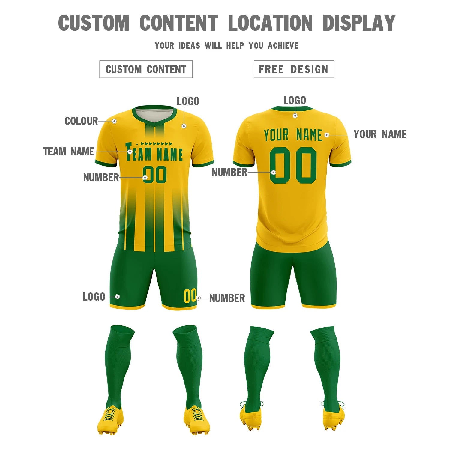 Custom Gold01 Kelly Green Vertical Training Uniform Soccer Sets Jersey