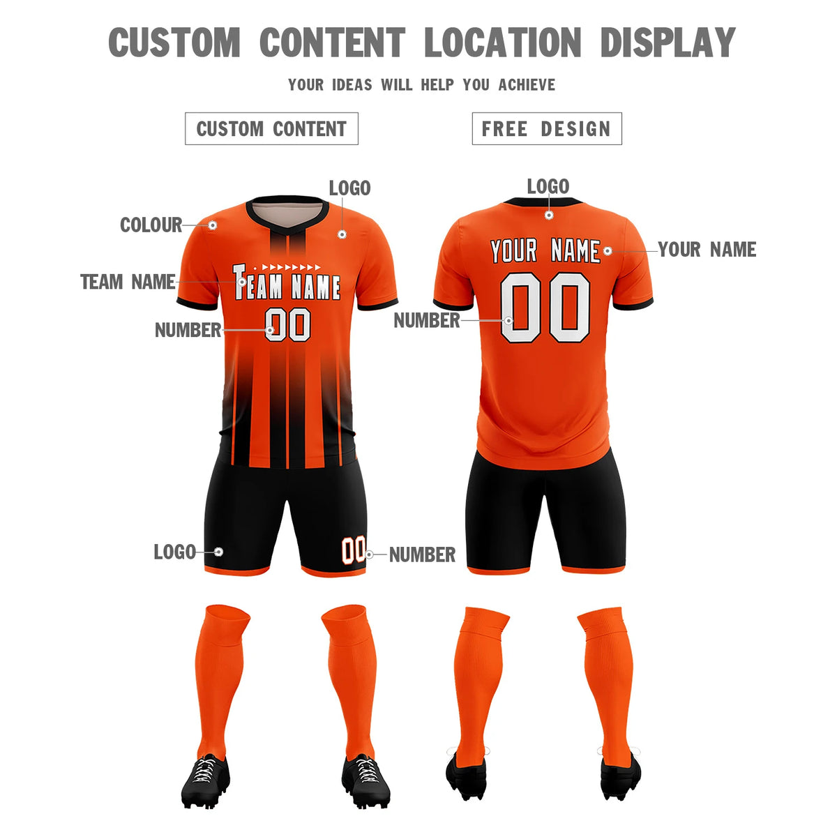 Custom Orange Black Vertical Training Uniform Soccer Sets Jersey