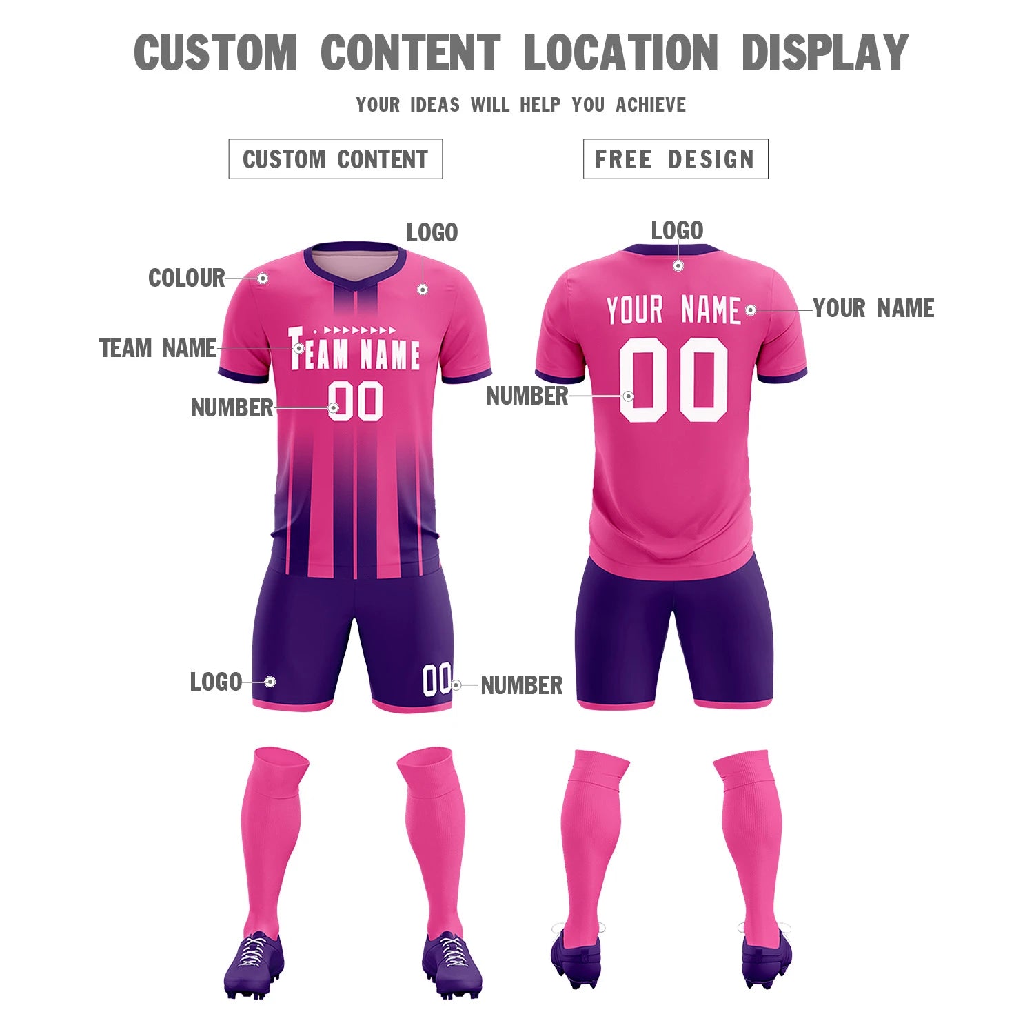 Custom Pink Purple Vertical Training Uniform Soccer Sets Jersey