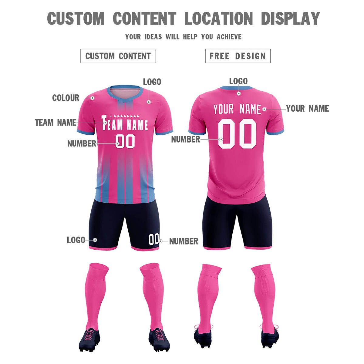 Custom Pink Light Blue Vertical Training Uniform Soccer Sets Jersey