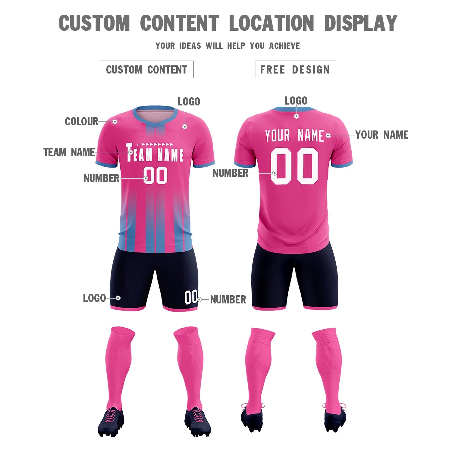 Custom Pink Light Blue Vertical Training Uniform Soccer Sets Jersey