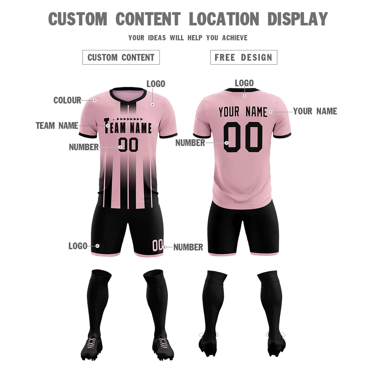 Custom Light Pink Black Vertical Training Uniform Soccer Sets Jersey