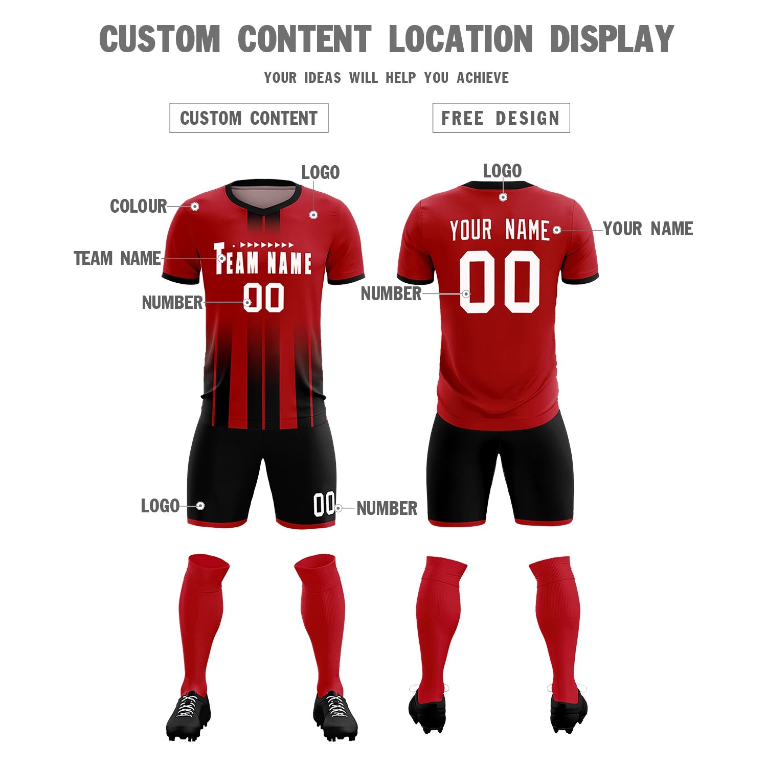 Custom Red Black Vertical Training Uniform Soccer Sets Jersey