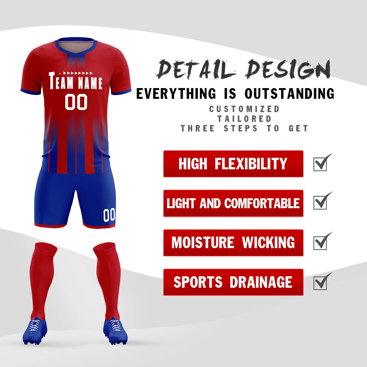 Custom Red Royal Blue Vertical Training Uniform Soccer Sets Jersey
