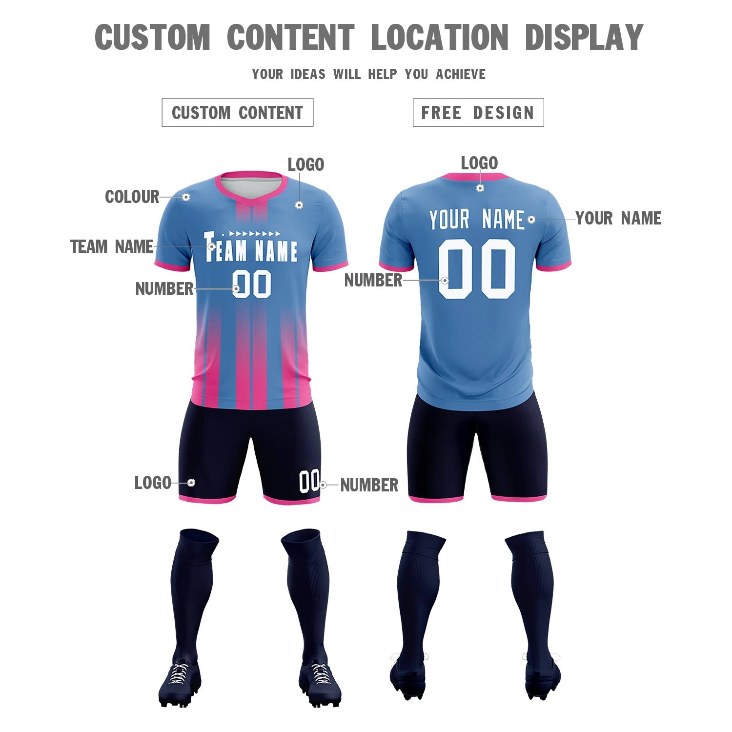 Custom Light Blue Pink Vertical Training Uniform Soccer Sets Jersey