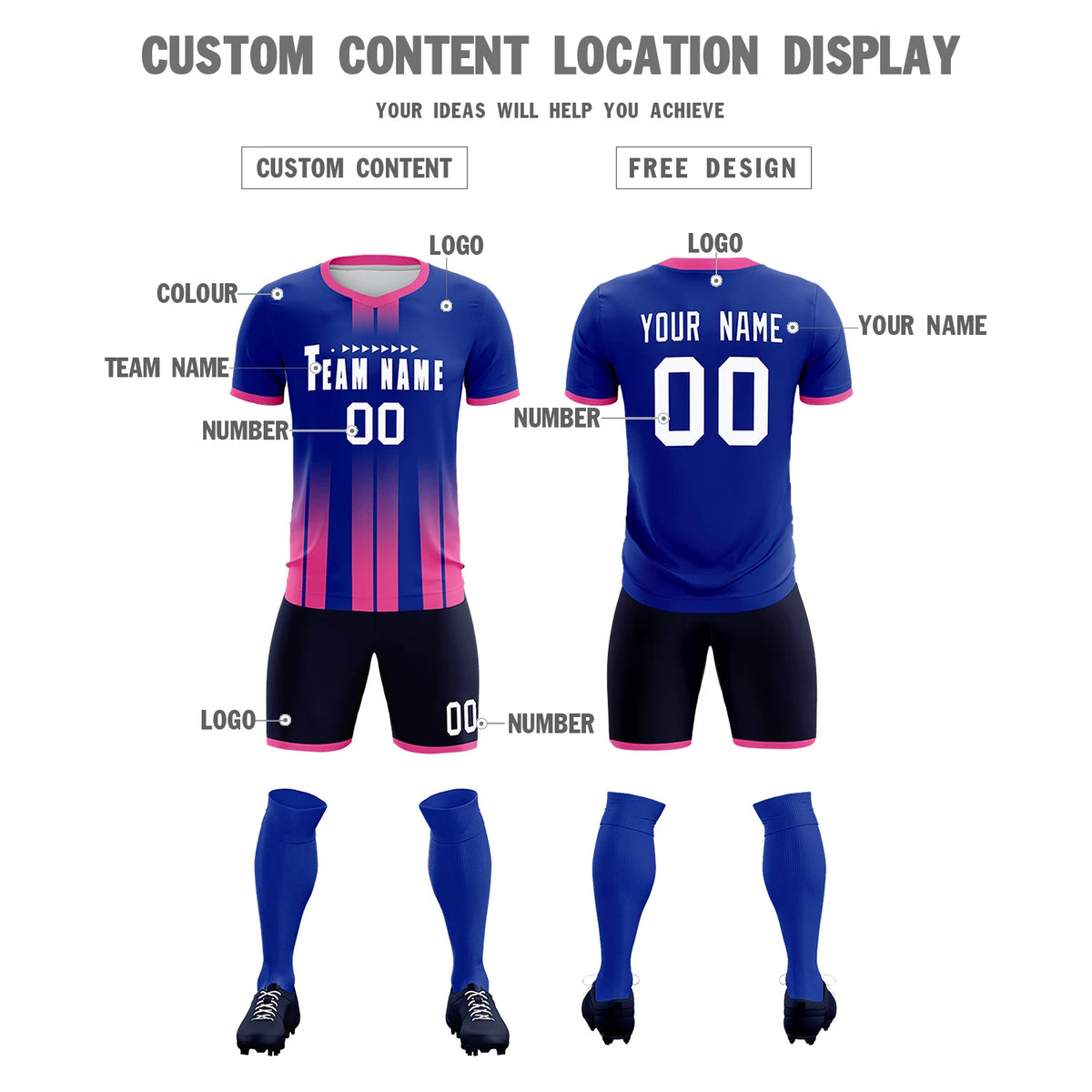 Custom Royal Blue Pink Vertical Training Uniform Soccer Sets Jersey