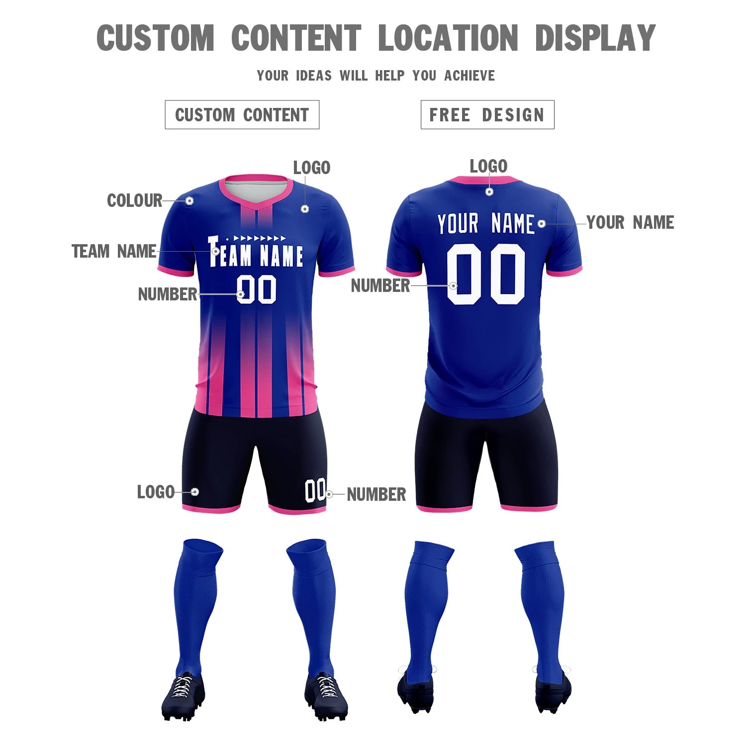 Custom Royal Blue Pink Vertical Training Uniform Soccer Sets Jersey