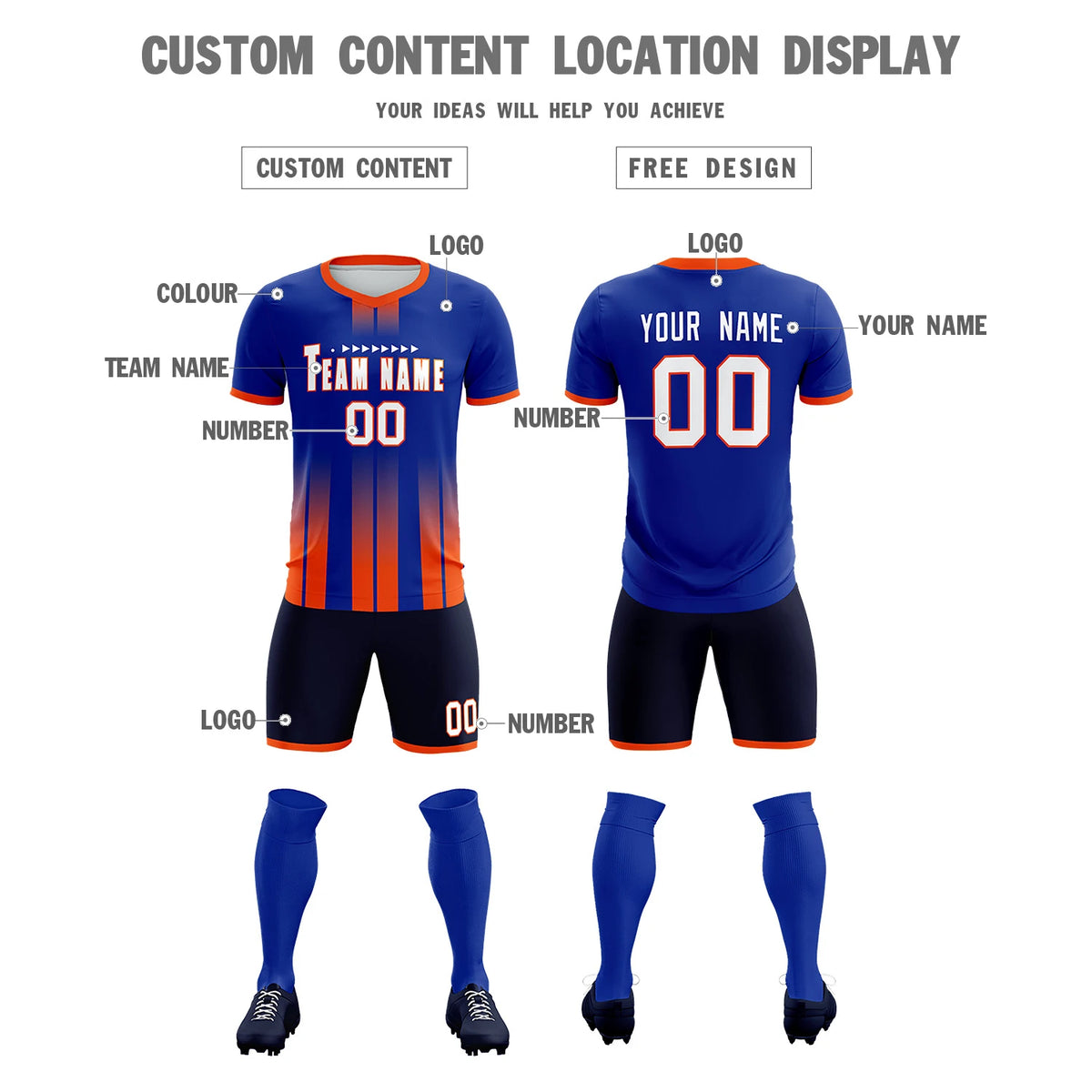 Custom Royal Blue Orange Vertical Training Uniform Soccer Sets Jersey