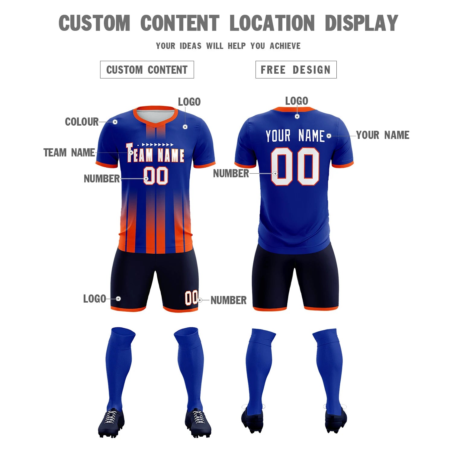 Custom Royal Blue Orange Vertical Training Uniform Soccer Sets Jersey