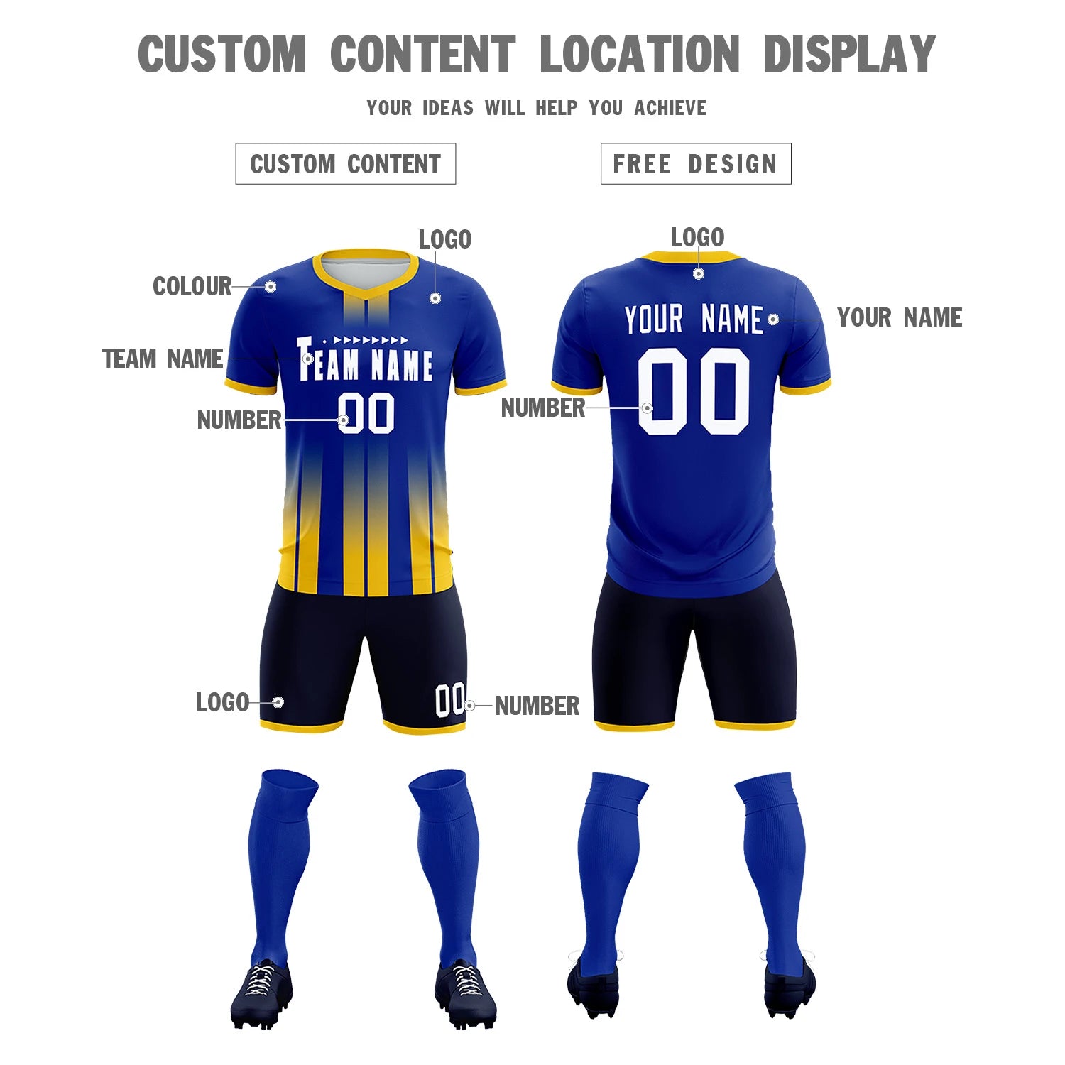 Custom Royal Blue Gold01 Vertical Training Uniform Soccer Sets Jersey