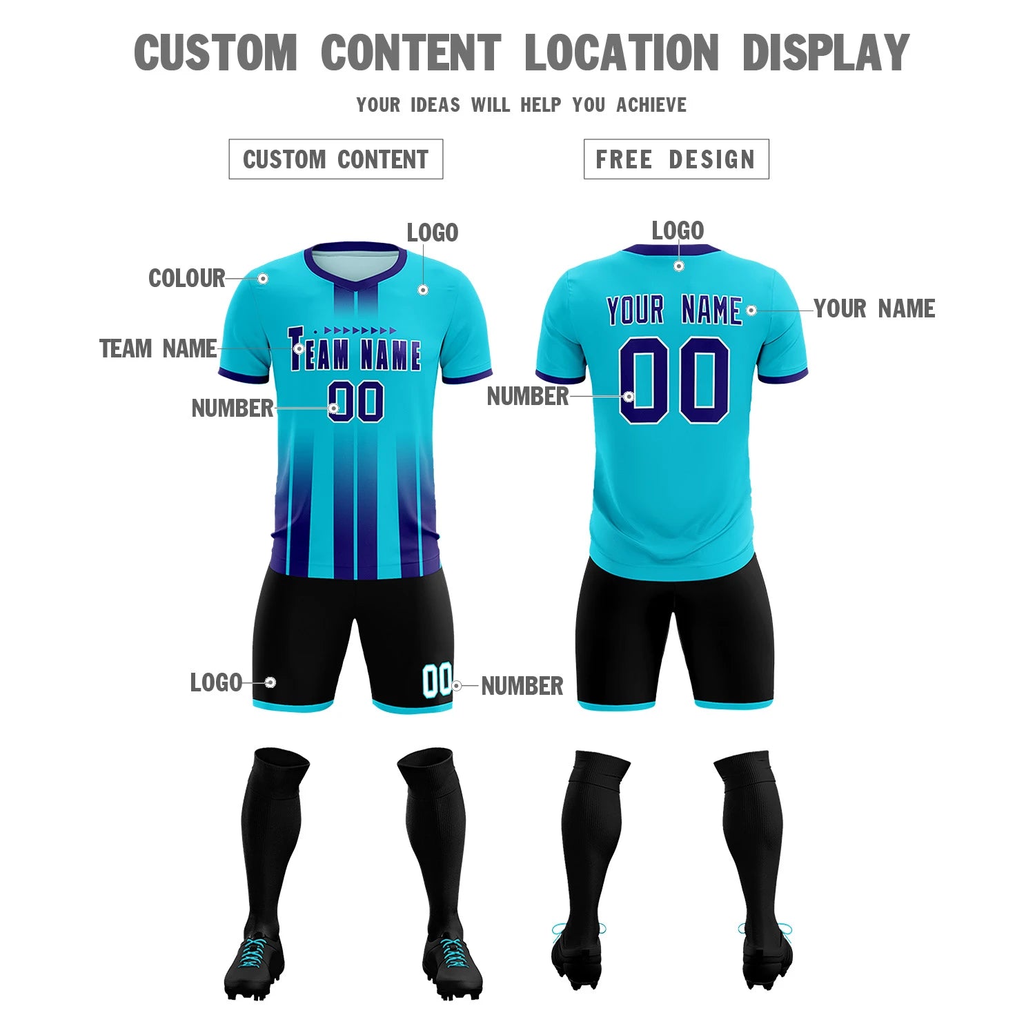 Custom Sky Blue Purple Vertical Training Uniform Soccer Sets Jersey