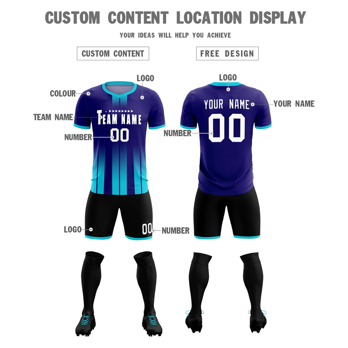 Custom Purple Sky Blue Vertical Training Uniform Soccer Sets Jersey