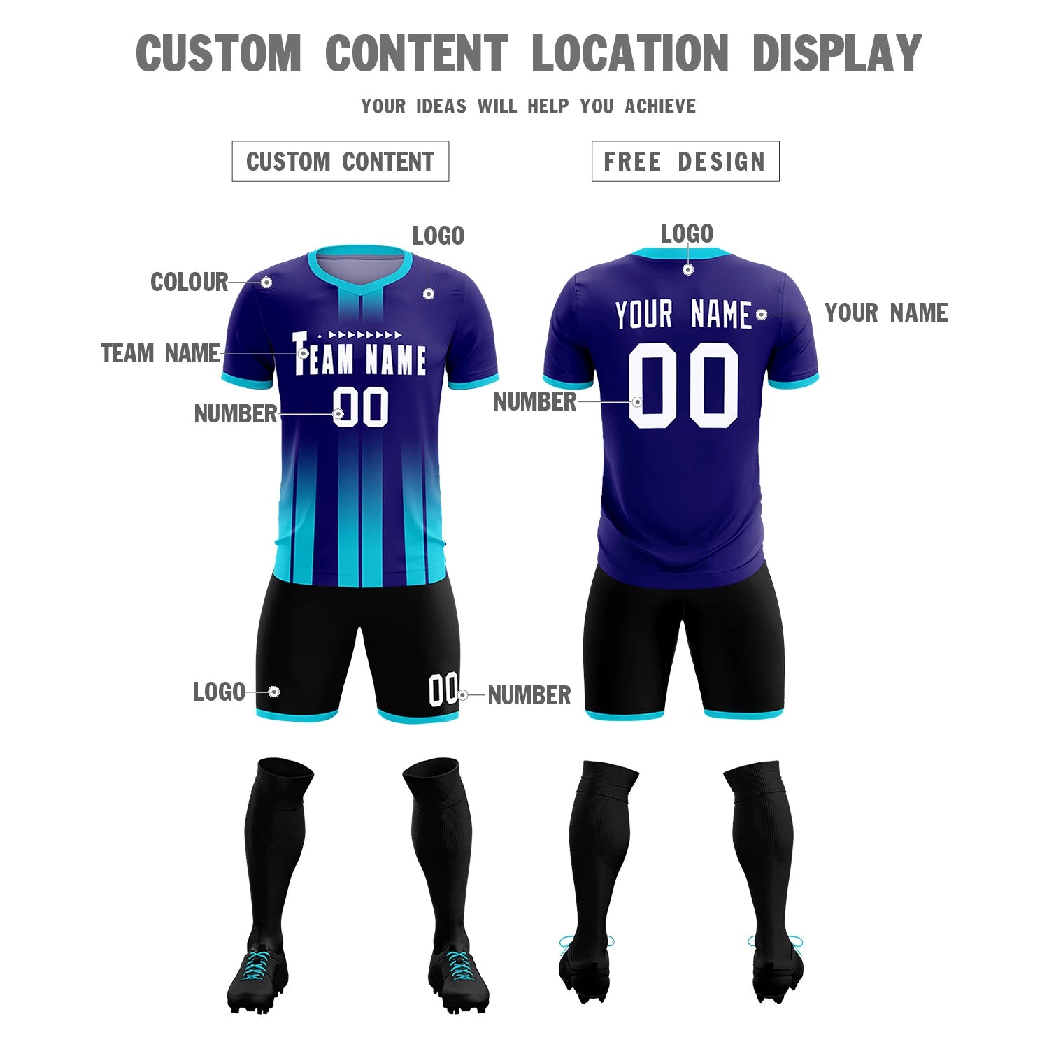 Custom Purple Sky Blue Vertical Training Uniform Soccer Sets Jersey