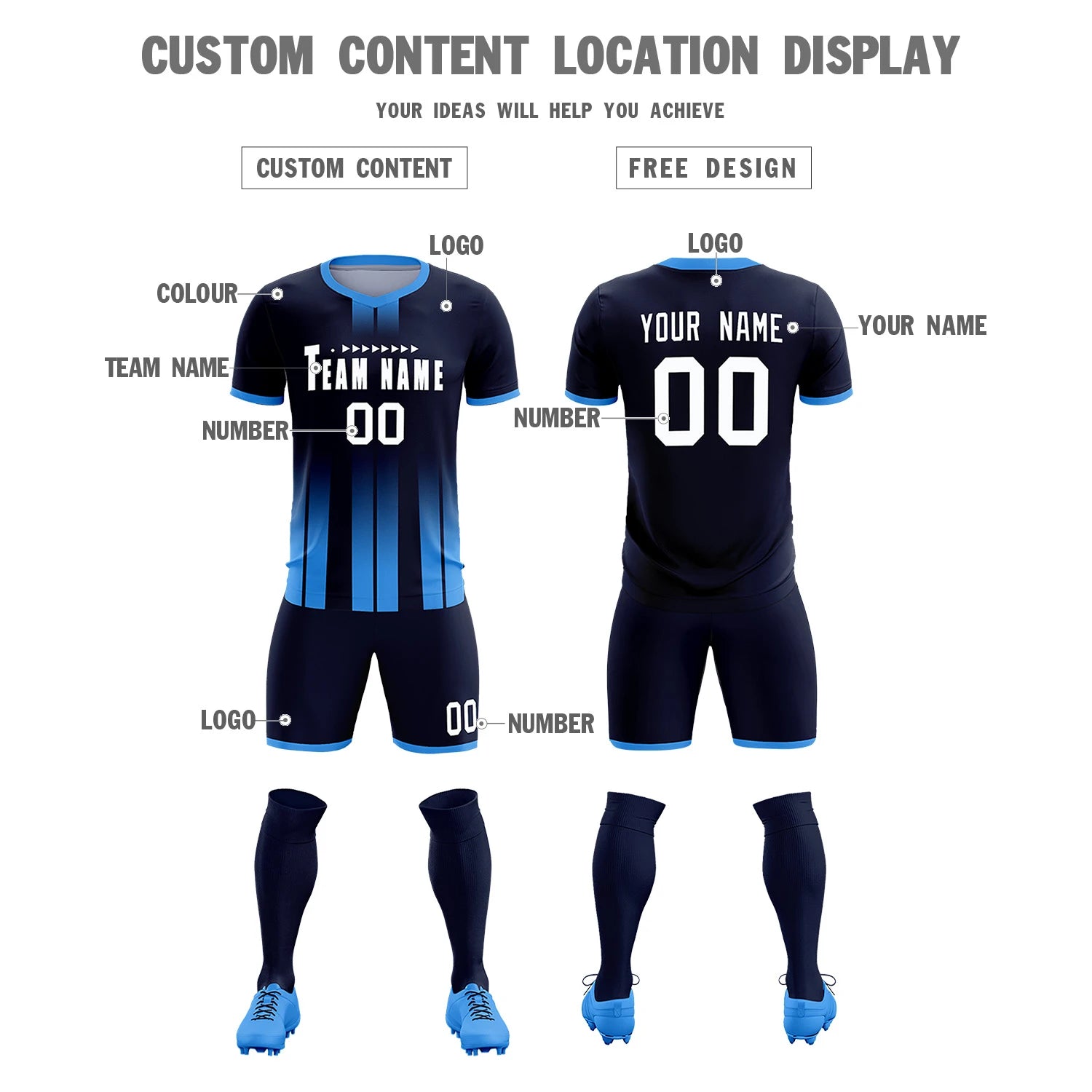 Custom Navy Powder Blue Vertical Training Uniform Soccer Sets Jersey