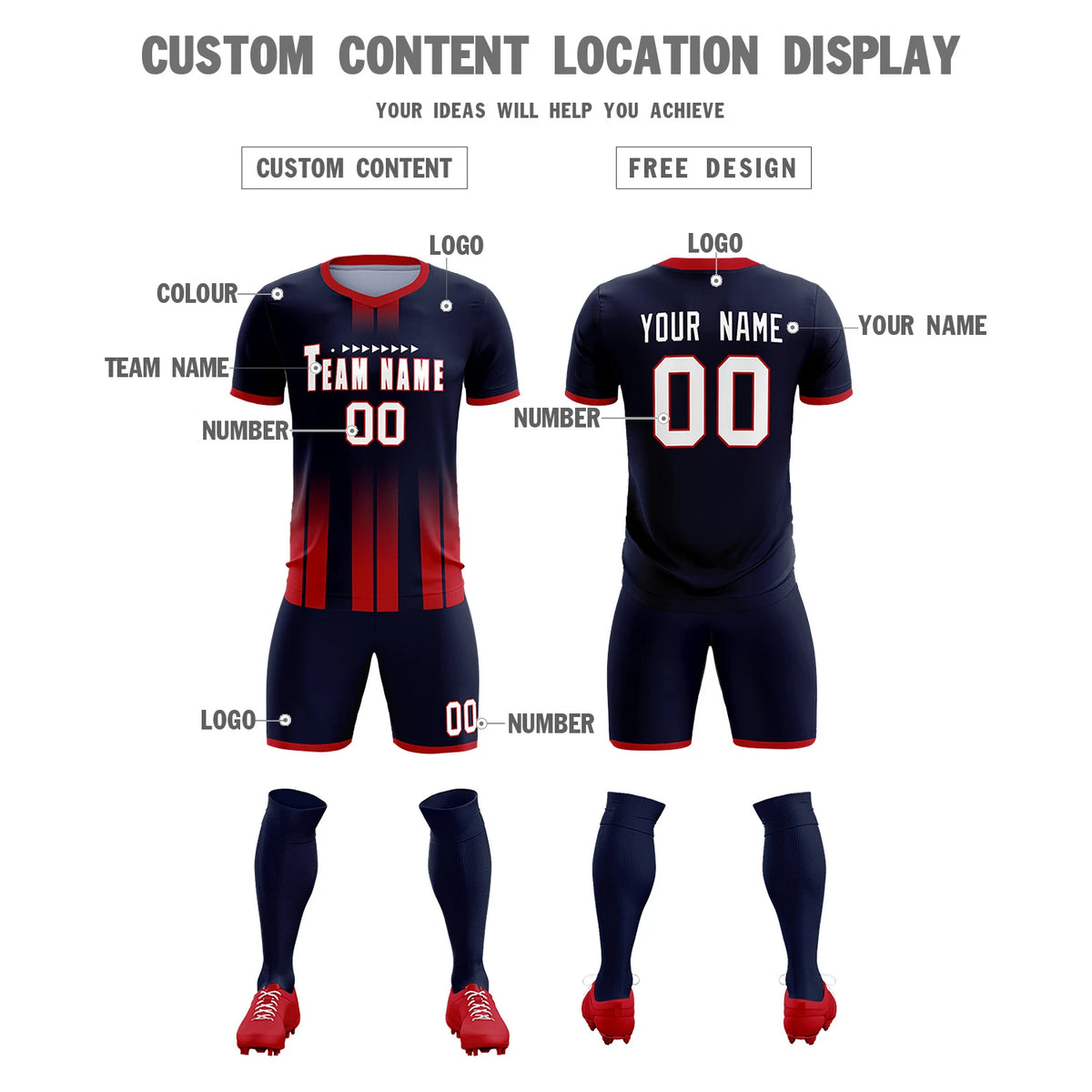 Custom Navy Red Vertical Training Uniform Soccer Sets Jersey