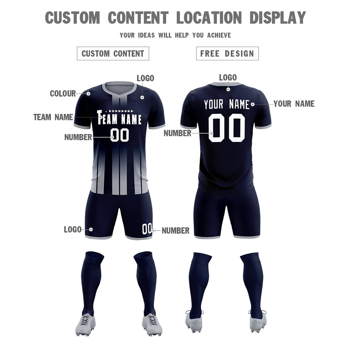 Custom Navy Gray Vertical Training Uniform Soccer Sets Jersey