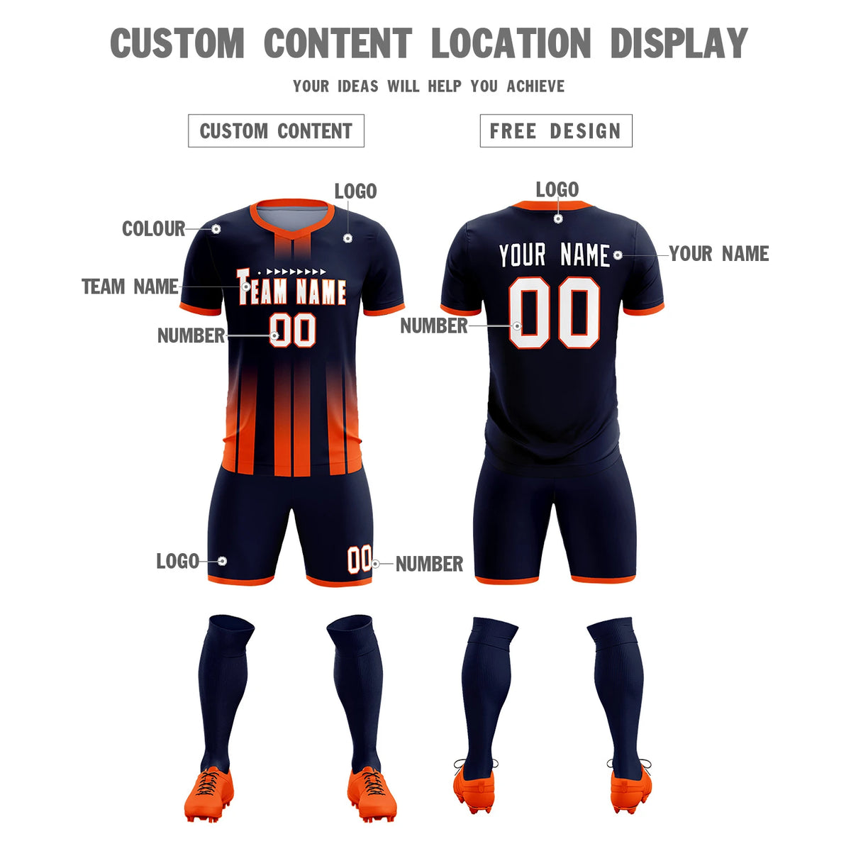 Custom Navy Orange Vertical Training Uniform Soccer Sets Jersey