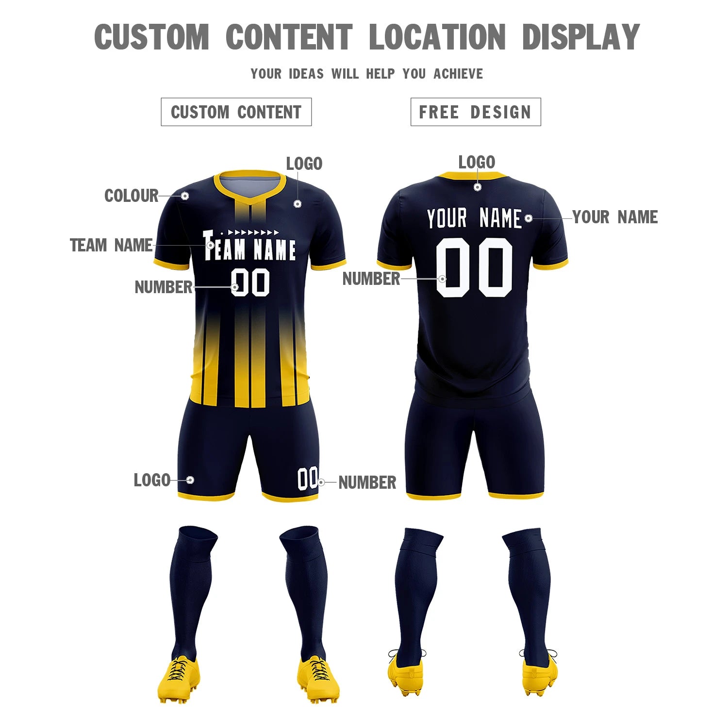 Custom Navy Gold01 Vertical Training Uniform Soccer Sets Jersey