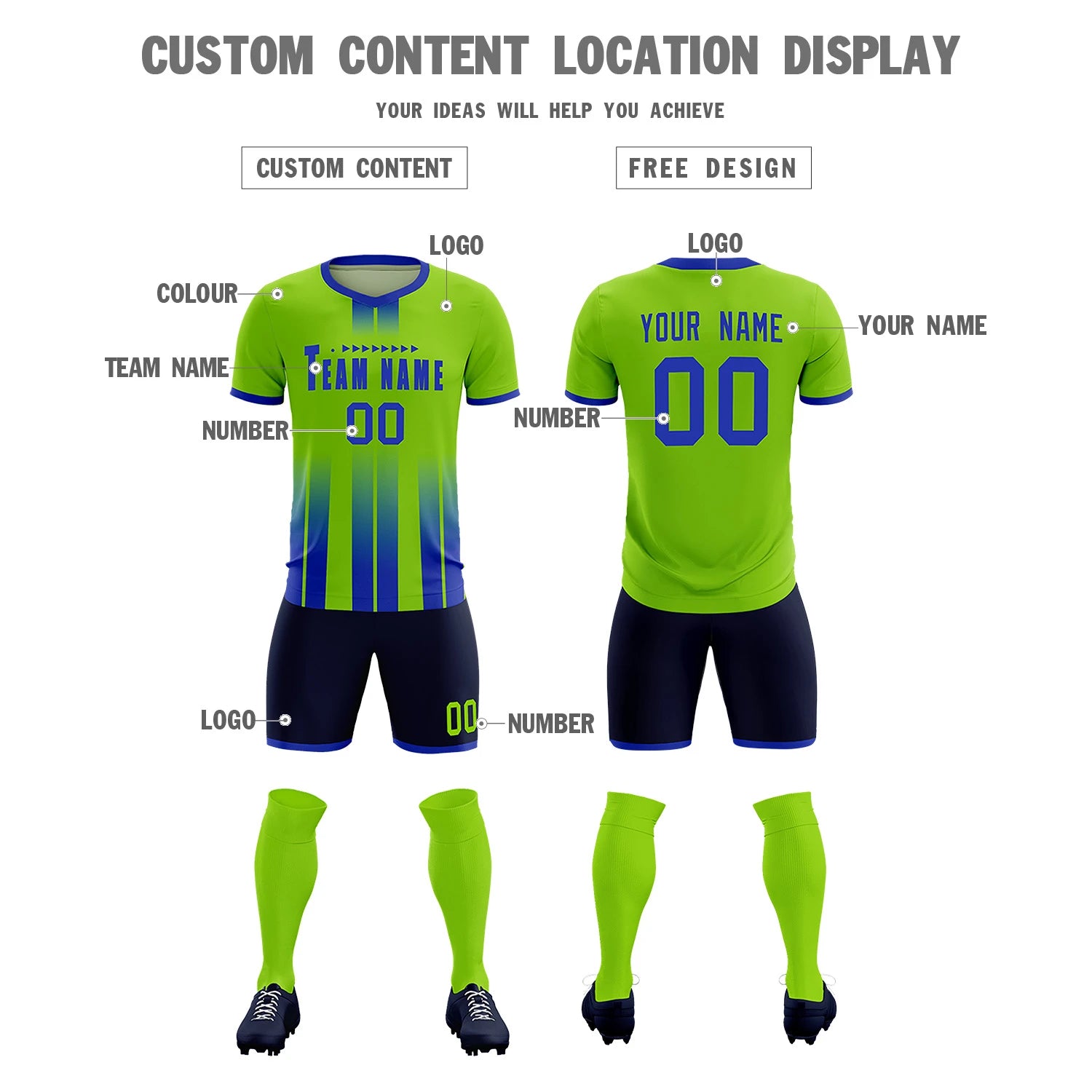 Custom Neon Green Royal Blue Vertical Training Uniform Soccer Sets Jersey