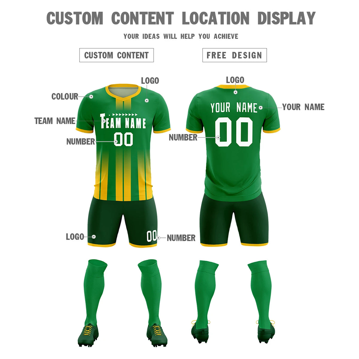Custom Kelly Green Gold01 Vertical Training Uniform Soccer Sets Jersey