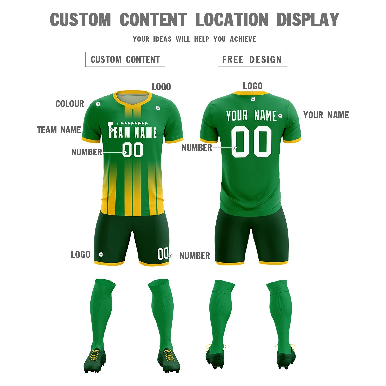Custom Kelly Green Gold01 Vertical Training Uniform Soccer Sets Jersey
