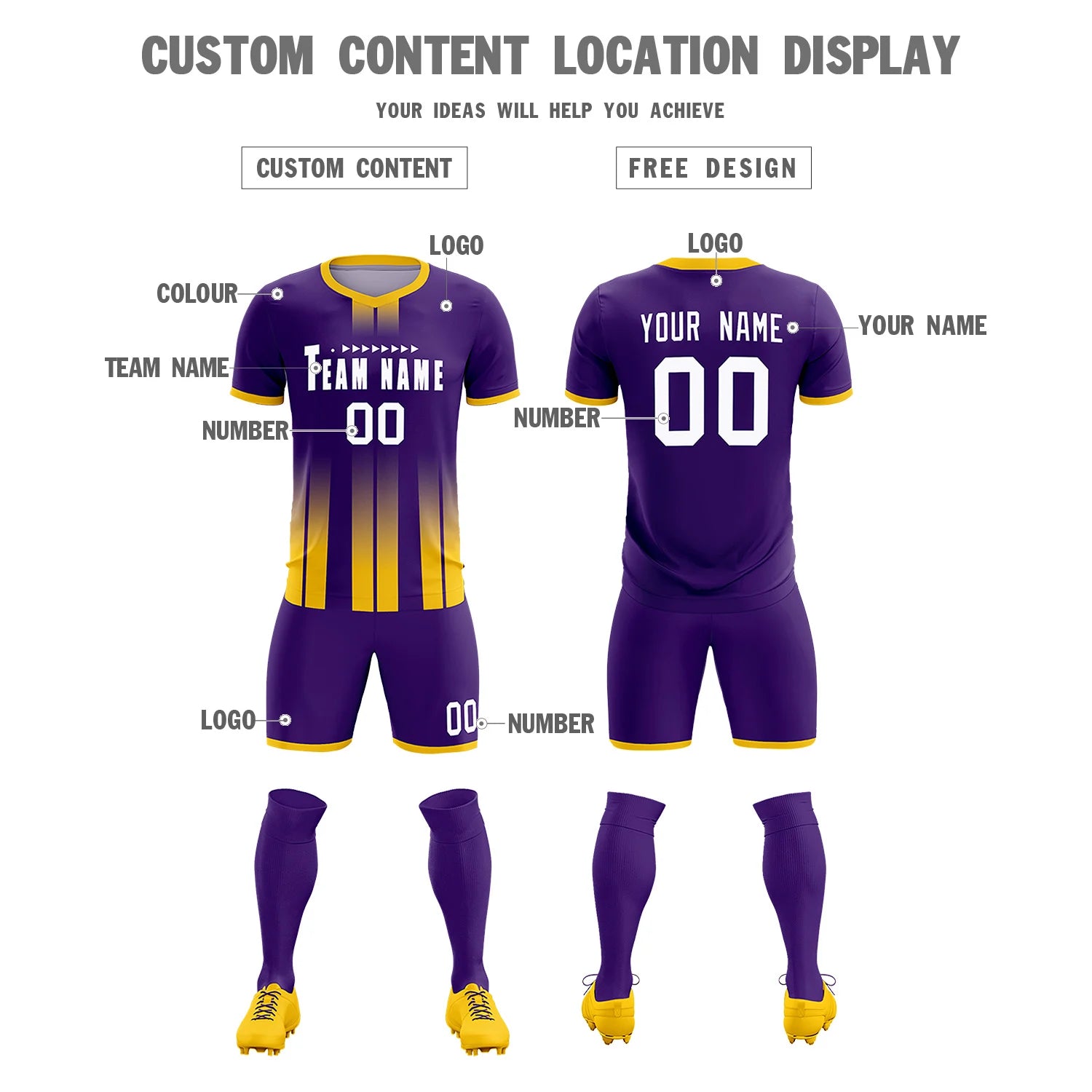 Custom Purple Gold01 Vertical Training Uniform Soccer Sets Jersey