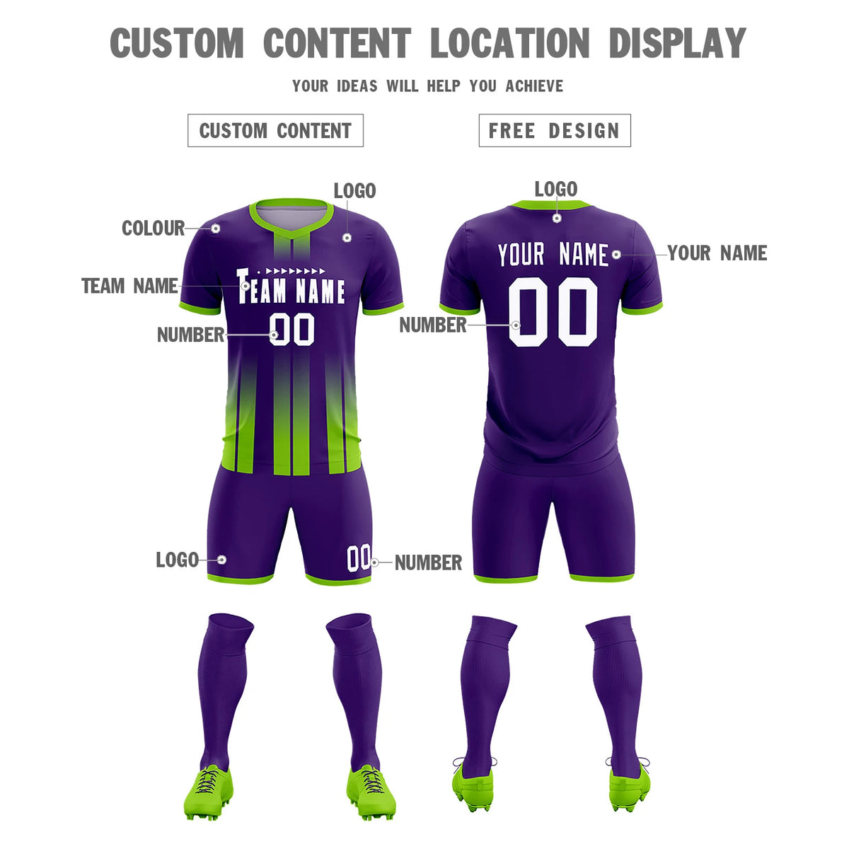 Custom Purple Neon Green Vertical Training Uniform Soccer Sets Jersey