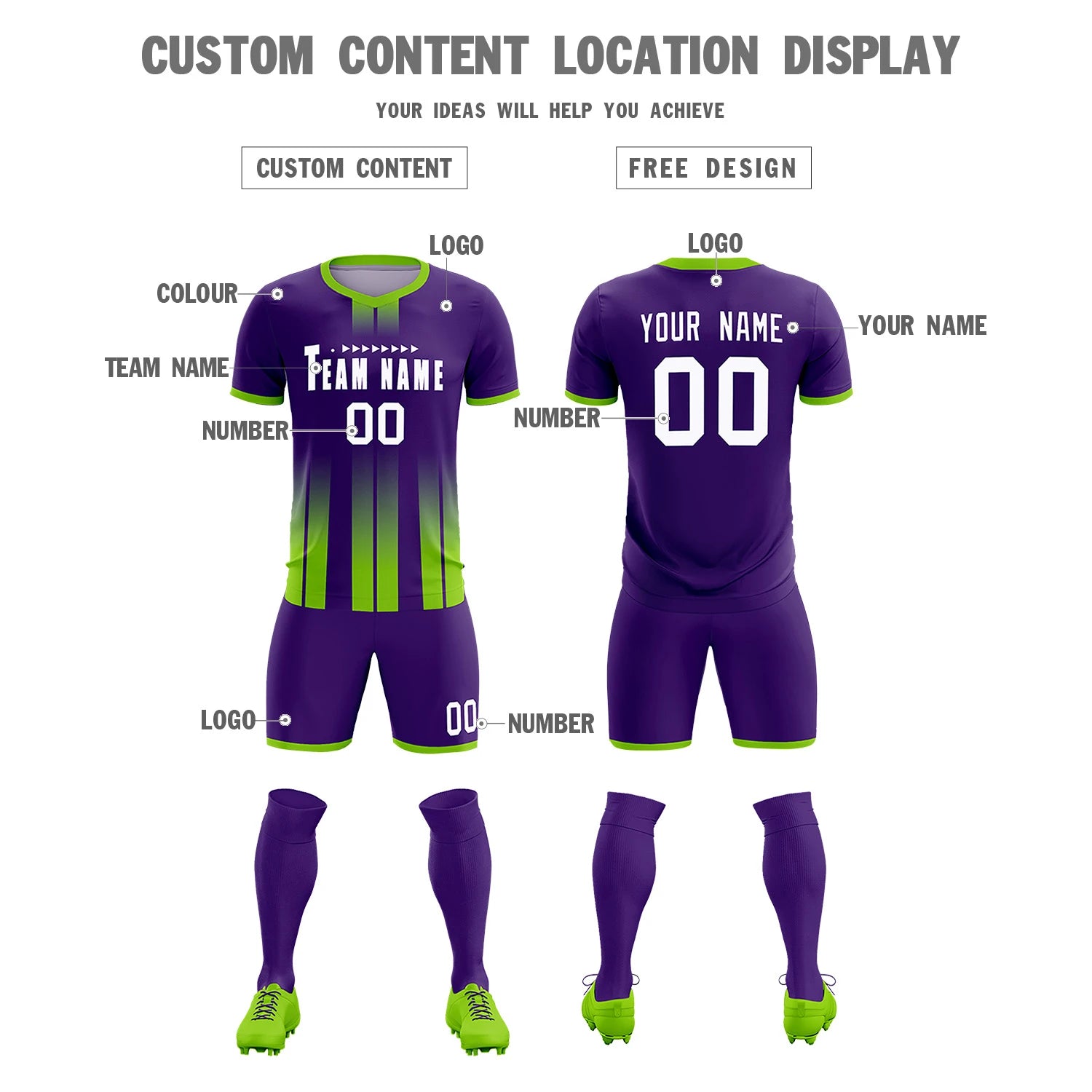 Custom Purple Neon Green Vertical Training Uniform Soccer Sets Jersey