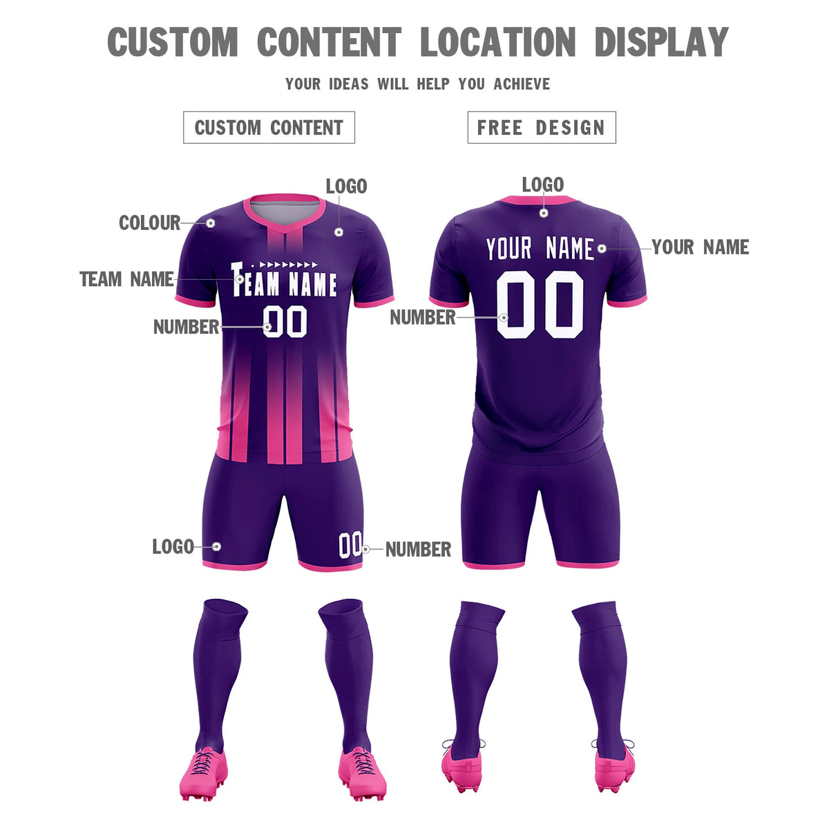 Custom Purple Pink Vertical Training Uniform Soccer Sets Jersey