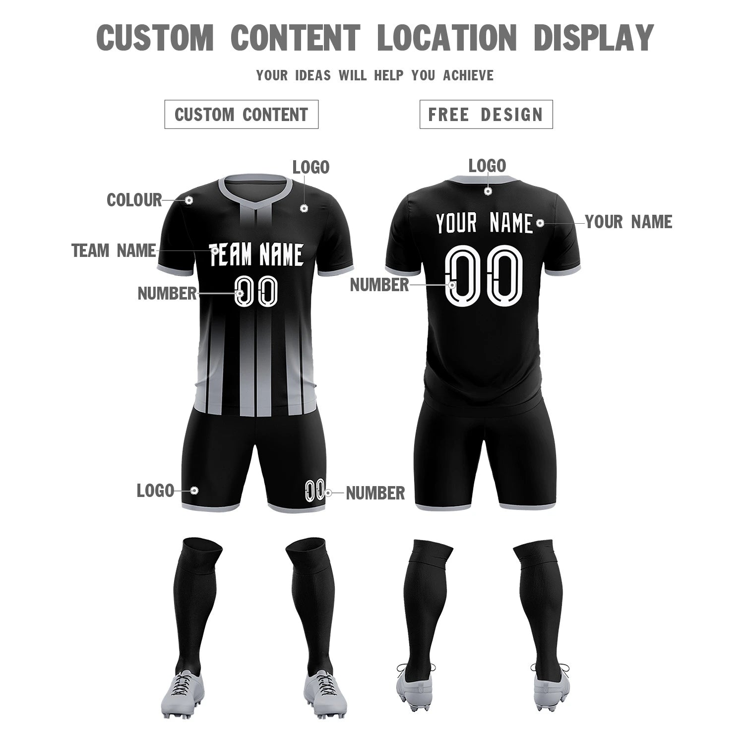 Custom Black Gray Vertical Training Uniform Soccer Sets Jersey