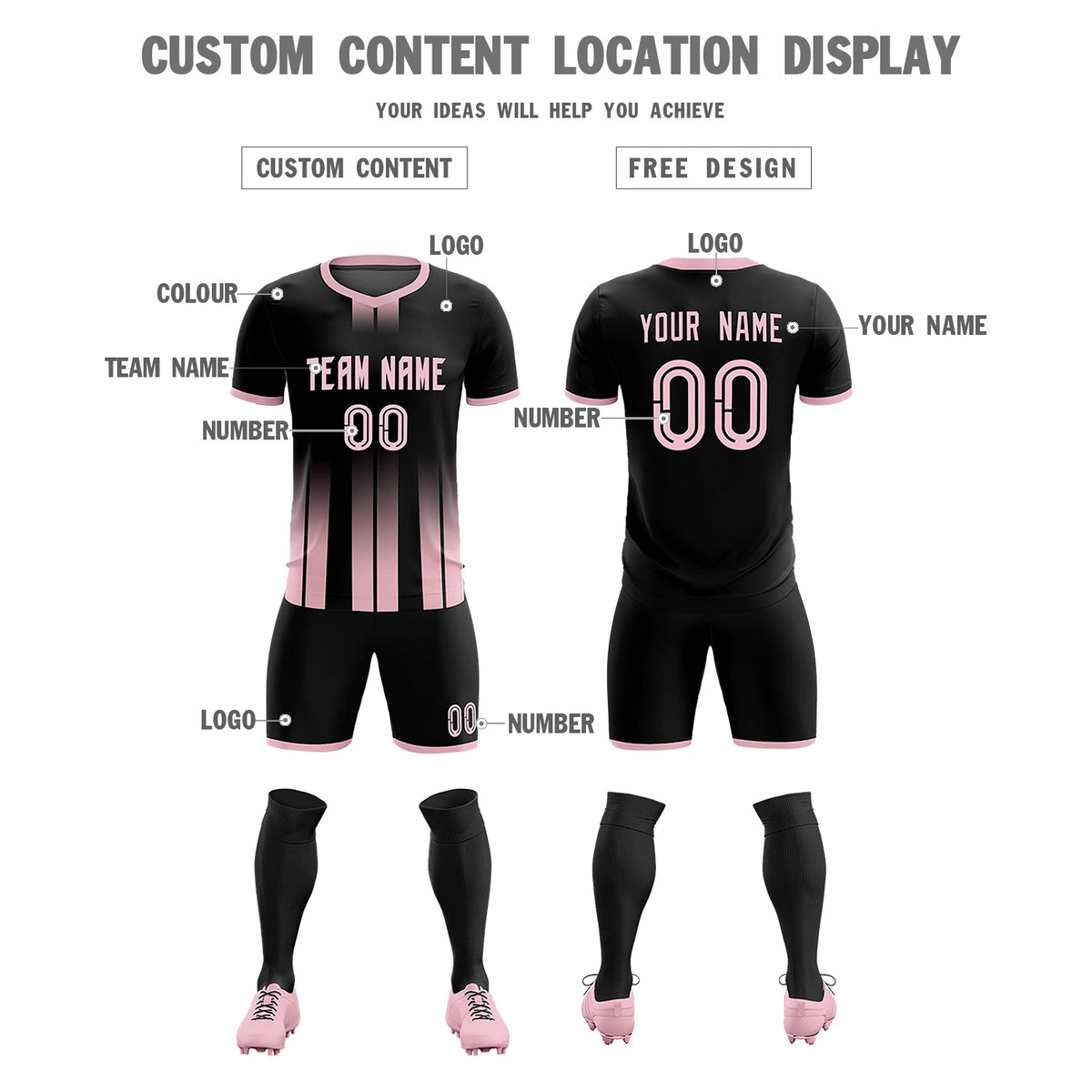 Custom Black Light Pink Vertical Training Uniform Soccer Sets Jersey