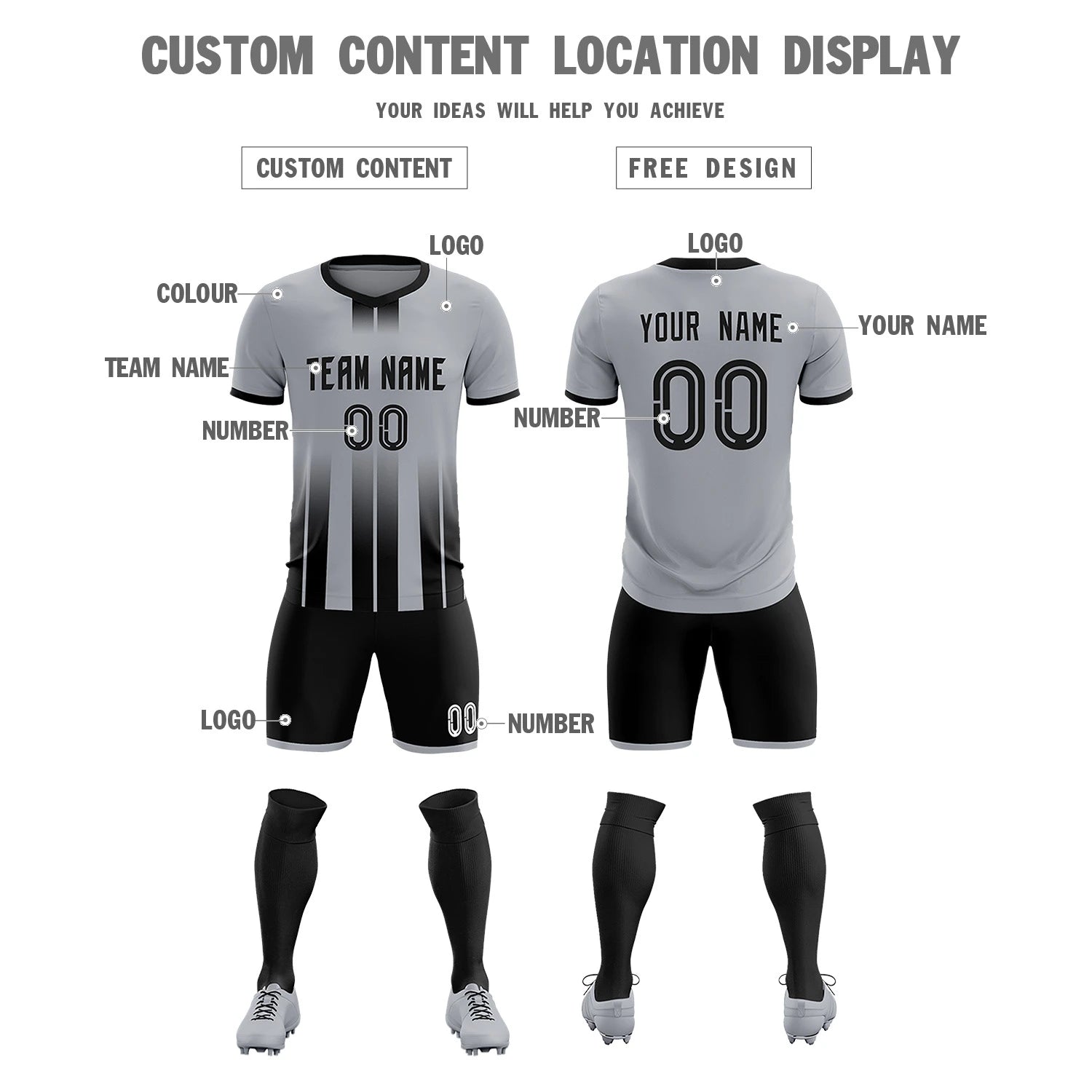 Custom Gray Black Vertical Training Uniform Soccer Sets Jersey