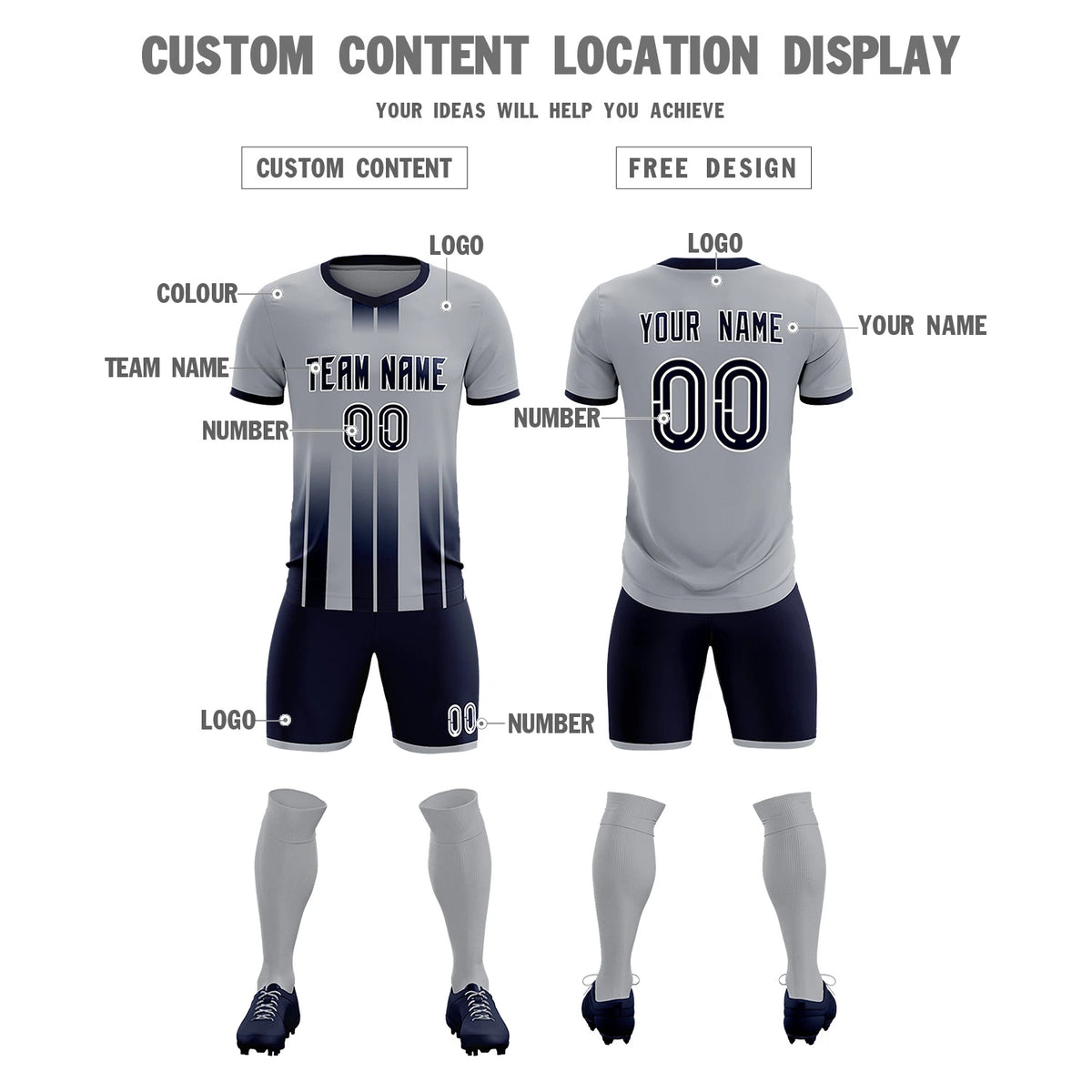 Custom Gray Navy Vertical Training Uniform Soccer Sets Jersey