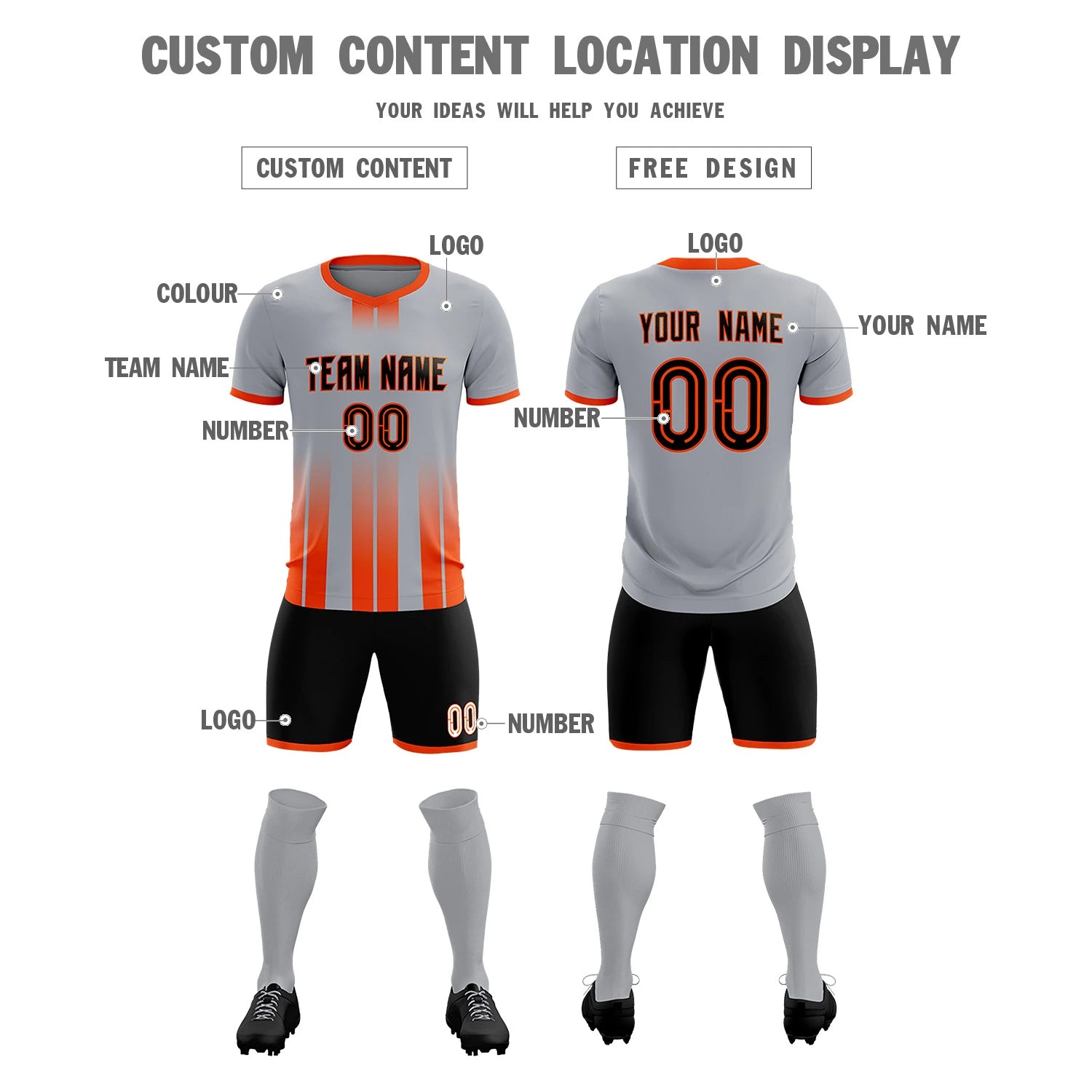 Custom Gray Orange Vertical Training Uniform Soccer Sets Jersey